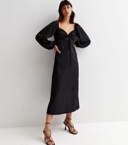 New Look Black Spot Jacquard Satin Long Puff Sleeve Tie Front Midi Dress